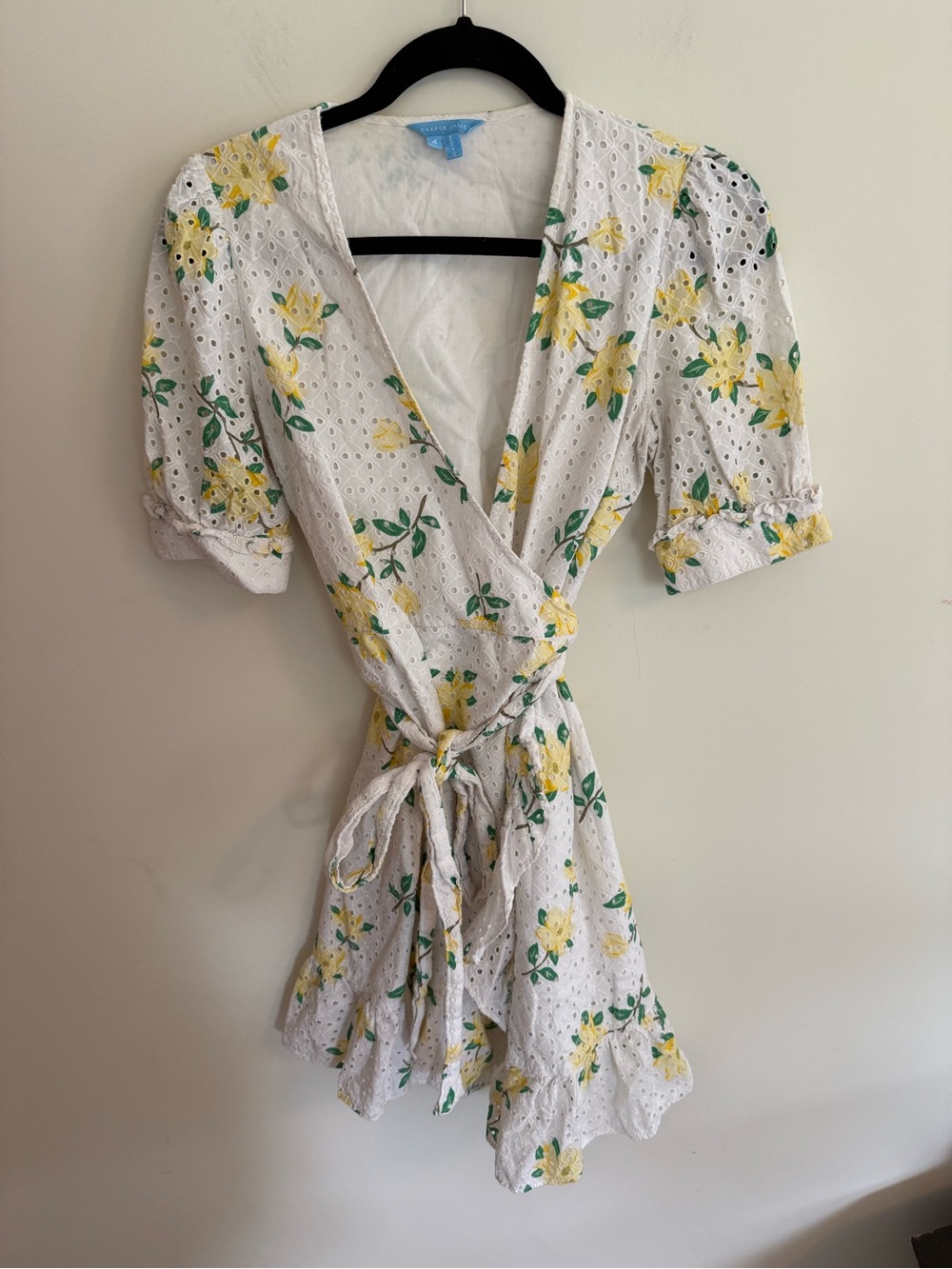 Draper James White Eyelet Wrap Dress with Yellow Floral Print